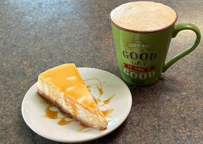 JenAlios Caramel Cheesecake with Chai Latte